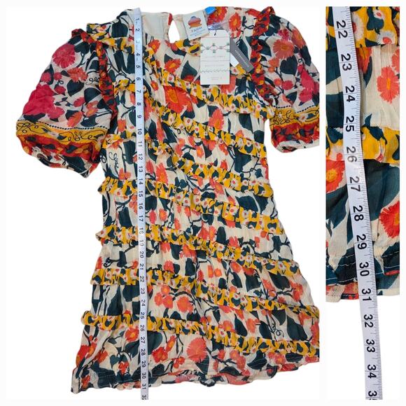 Farm Rio for Anthropologie Puff-Sleeve Fitted Mini-Dress NWT sz S Floral Ruffled - Picture 10 of 12